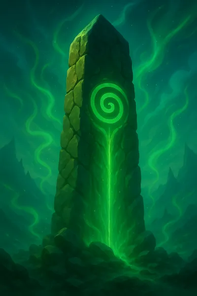Green stone obelisk carved with a glowing spiral