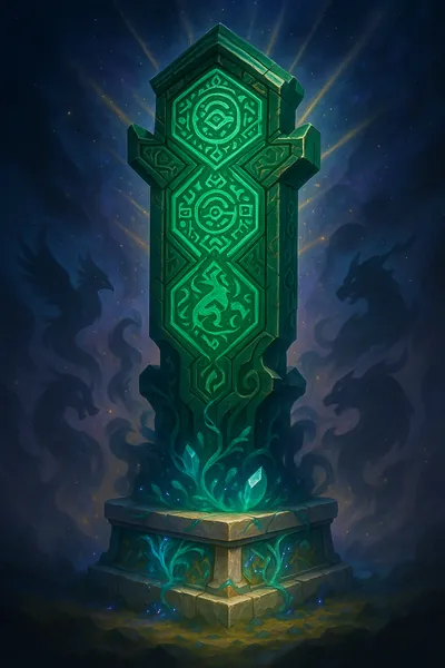 Carved green pillar of glowing runes rising from roots and crystal