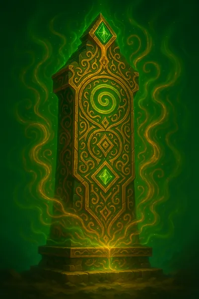 Gold-carved green obelisk glowing from within